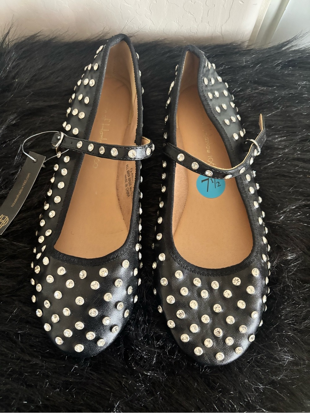 NWT House of Harlow Black Studded rhinestone Mary Jane Flats, Size 7.5 - Picture 2 of 6
